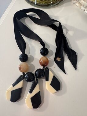 Mango Black and Cream Geometric Pendant Ribbon Necklace